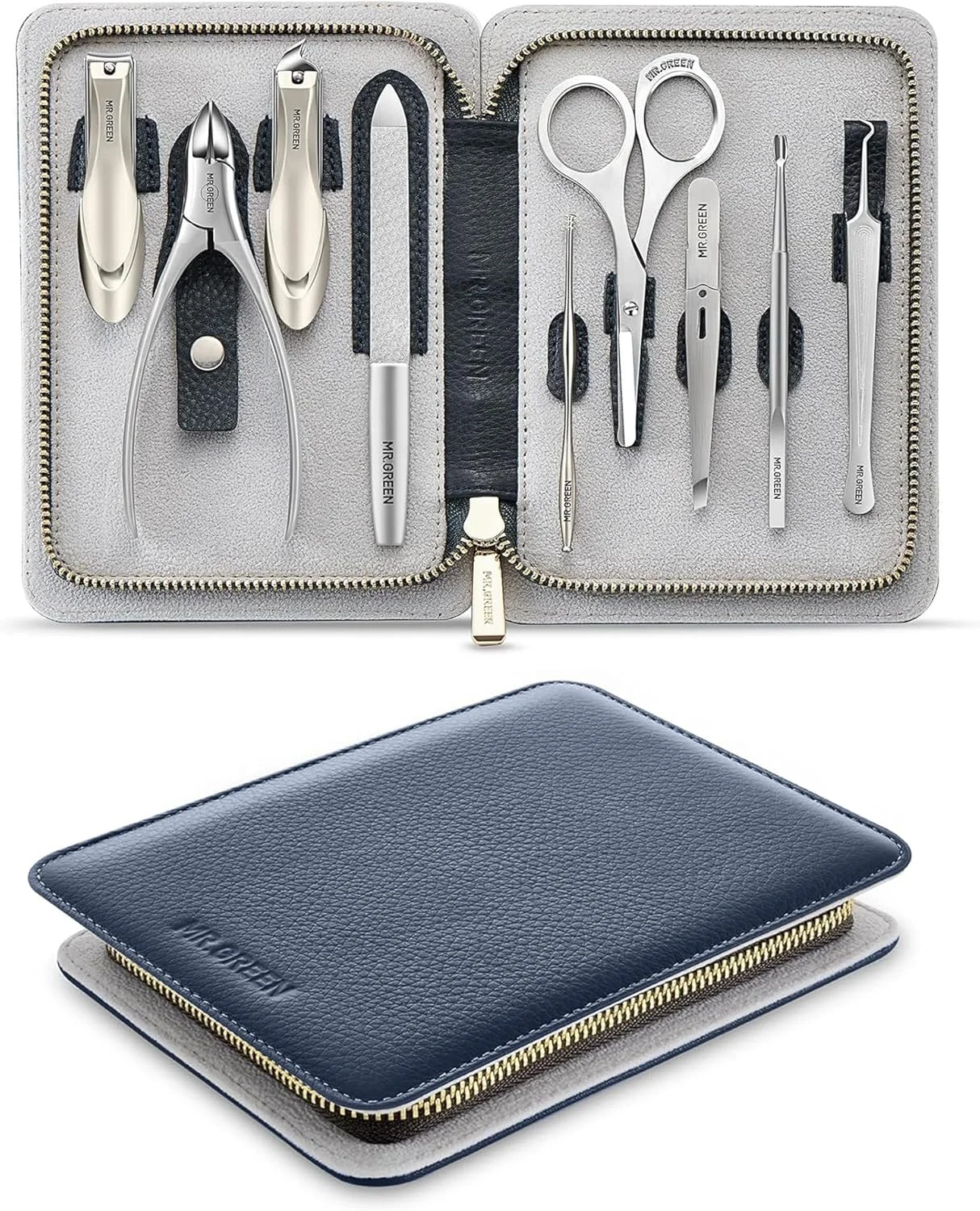 ست مانیکور 9 در 1 MR.GREEN، ست پدیکور، ست ناخن گیر استیل ضد زنگ آلمانی، ناخن گیرهای سنگین ضد پاشش، ابزارهای حرفه ای مراقبت از ناخن با کیف چرمی مسافرتی برای آقایان و بانوان