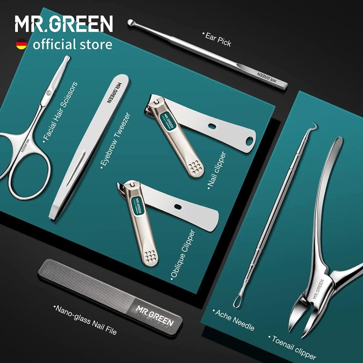 ست مانیکور و پدیکور MR.GREEN، ابزار مراقبت شخصی ناخن از جنس استیل ضد زنگ با کیف چرمی PU (سبز)