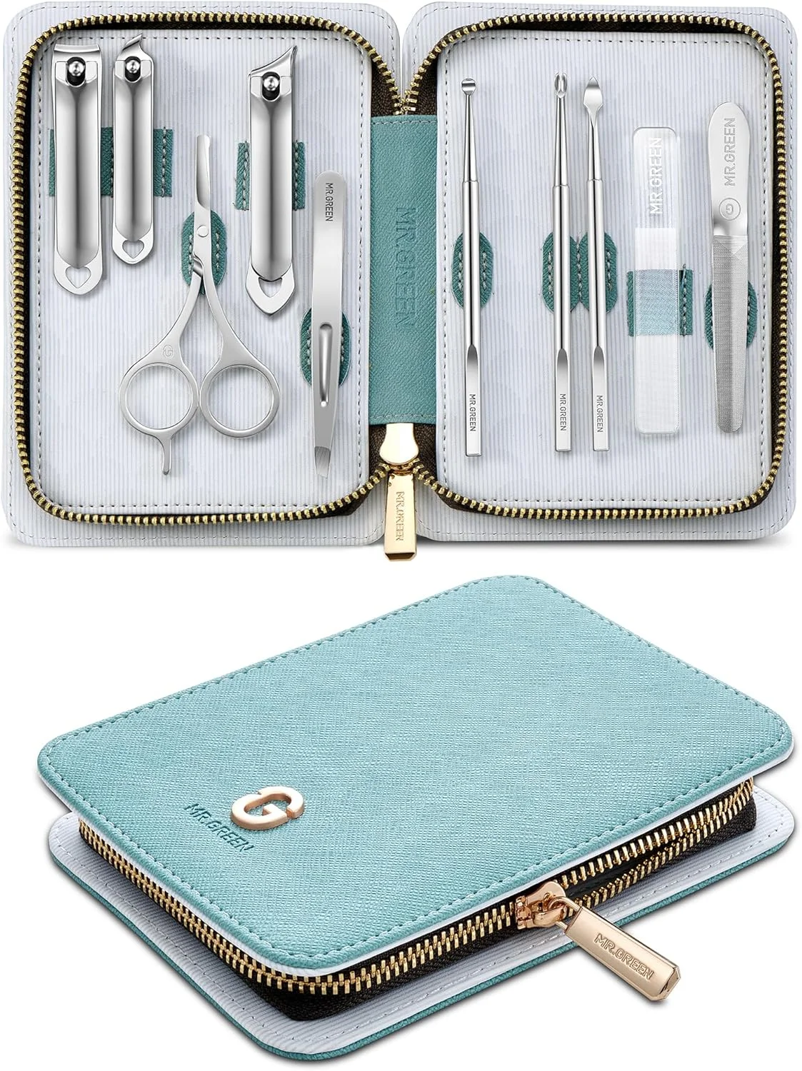 ست مانیکور 10 تکه MR.GREEN، ست ناخن گیر استیل ضد زنگ آلمانی، ست حرفه ای مراقبت از ناخن شخصی، ست مانیکور پدیکور، ست ناخن مسافرتی قابل حمل با کیف چرمی نفیس برای آقایان و خانم ها