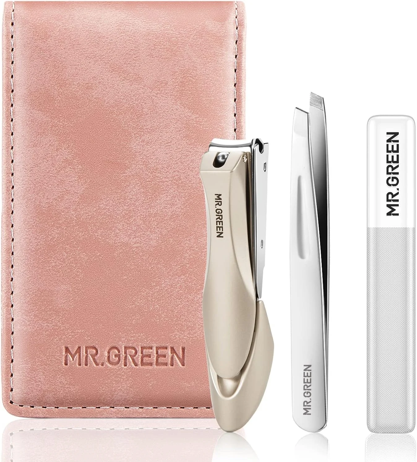 ست سه تکه ناخن گیر استیل ضد زنگ MR.GREEN، ست مانیکور و پدیکور صورتی با ناخن گیر، سوهان ناخن شیشه ای و موچین، کیت پیرایش درجه پزشکی با جعبه هدیه مسافرتی برای مردان و زنان