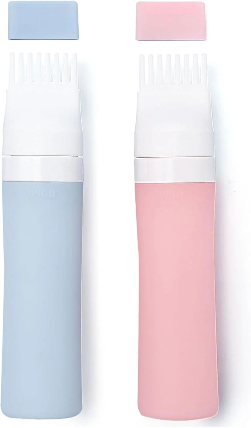 بسته 2 عددی بطری روغن مو، بطری اپلیکاتور شانه ریشه سیلیکونی نرم 80 میلی لیتری با درب، ابزار رنگ مو با برس (صورتی و آبی)