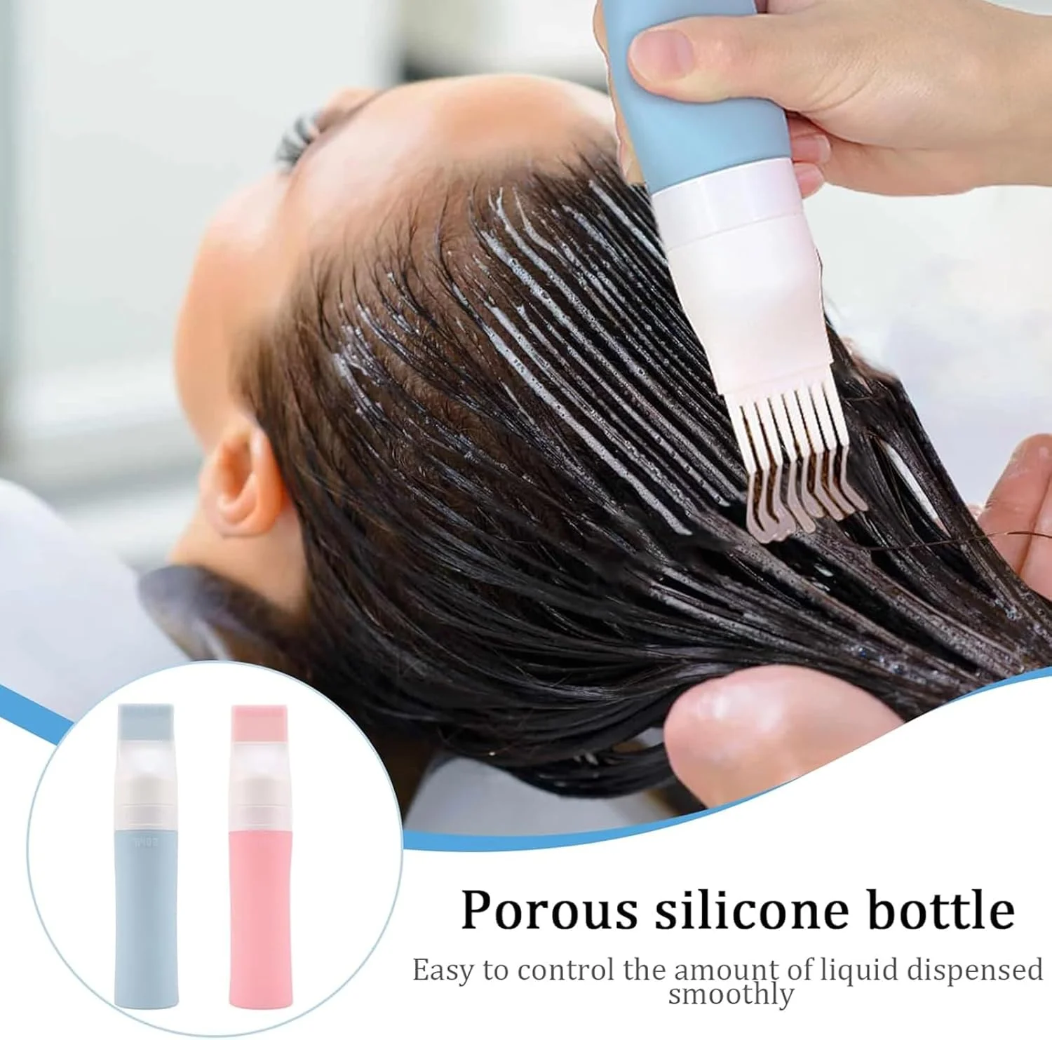بسته 2 عددی بطری روغن مو، بطری اپلیکاتور شانه ریشه سیلیکونی نرم 80 میلی لیتری با درب، ابزار رنگ مو با برس (صورتی و آبی)