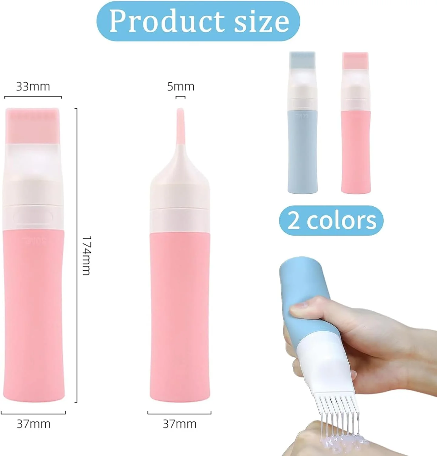بسته 2 عددی بطری روغن مو، بطری اپلیکاتور شانه ریشه سیلیکونی نرم 80 میلی لیتری با درب، ابزار رنگ مو با برس (صورتی و آبی)