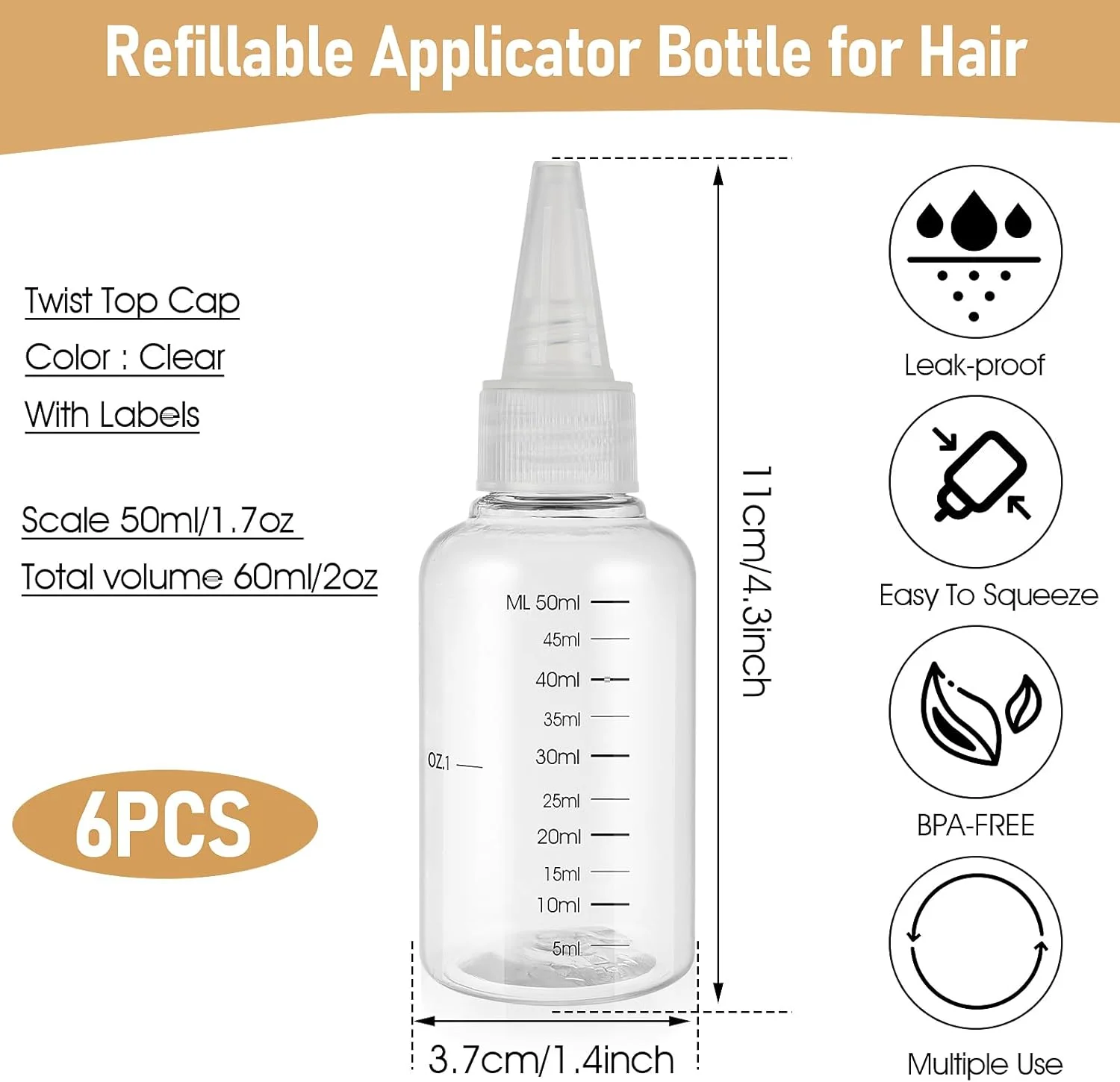بطری روغن مو ASTER، بسته 6 عددی، بطری رنگ مو قابل شارژ 2 اونسی، بطری روغن پلاستیکی خالی برای مو با مقیاس مدرج، اپلیکاتور روغن مو با درب پیچی