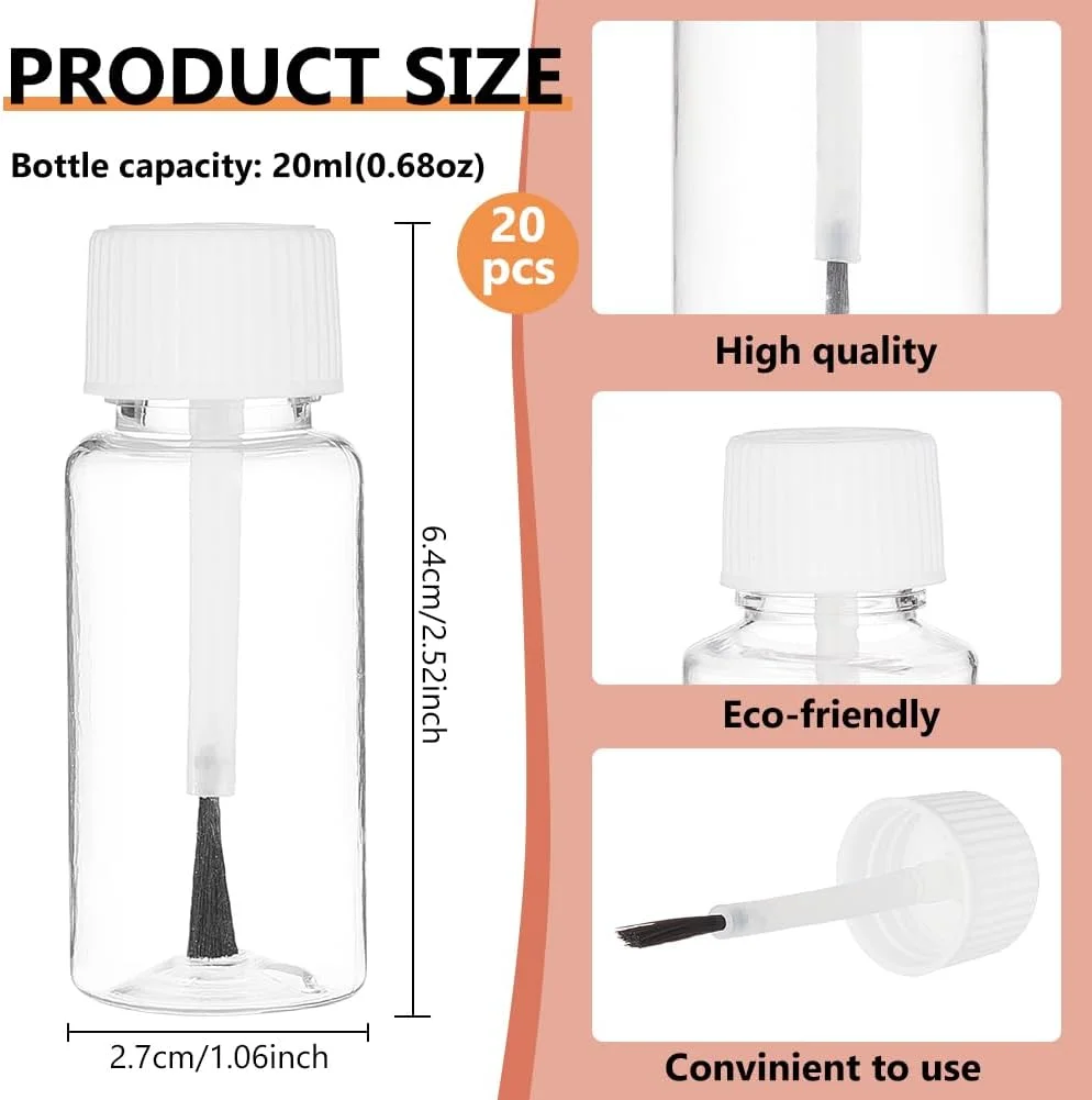BENECREAT بسته 20 عددی بطری های پلاستیکی برس دار 20 میلی لیتری (0.68 fl. oz) با درب سفید، بطری خالی و قابل شارژ مجدد با برس برای چسب، رنگ، طراحی ناخن