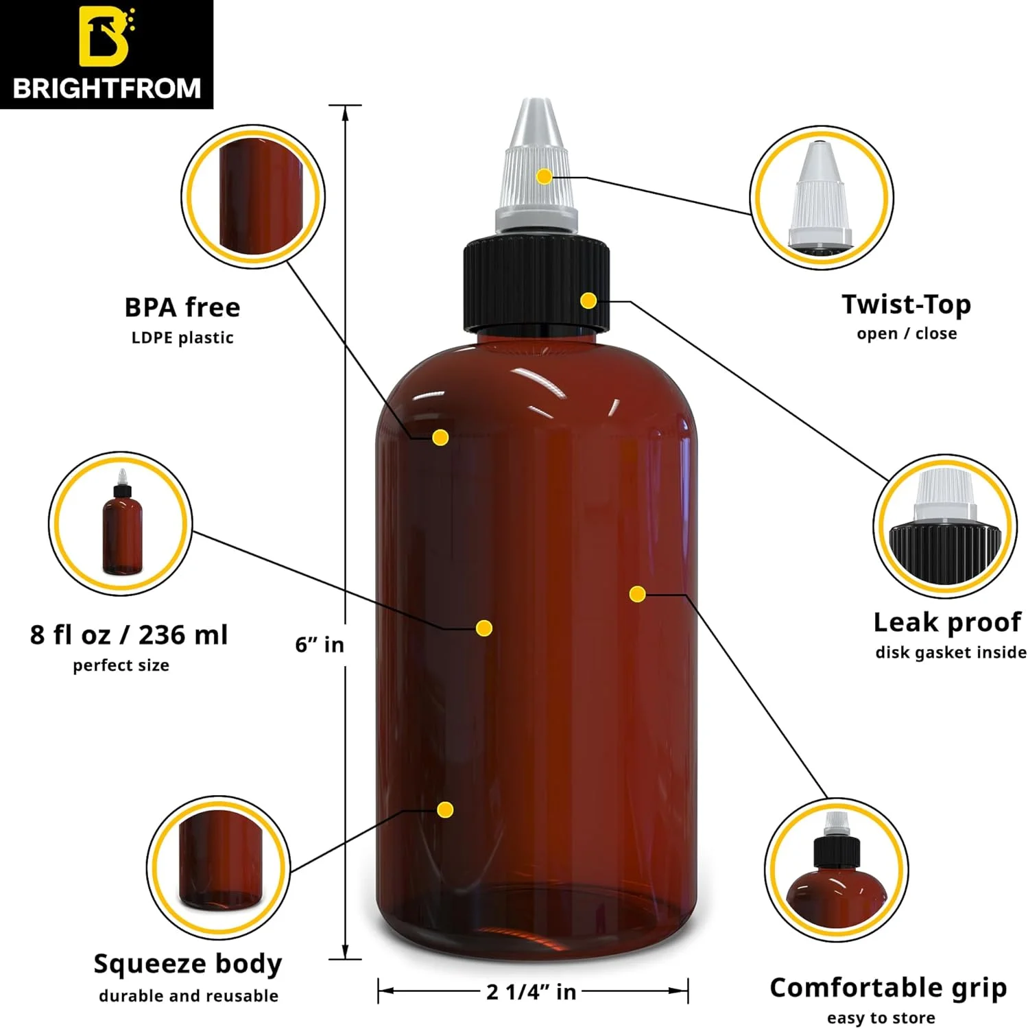 بطری های اپلیکاتور سرپیچ دار BRIGHTFROM (مشکی، 240 میلی لیتر) بسته 2 عددی