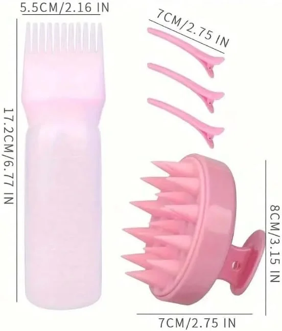 مجموعه رنگ و حالت دهنده مو، 5 تکه، شامل بطری اپلیکاتور با ماساژور پوست سر، برس شامپو، گیره مو، شانه، بنفش (صورتی)