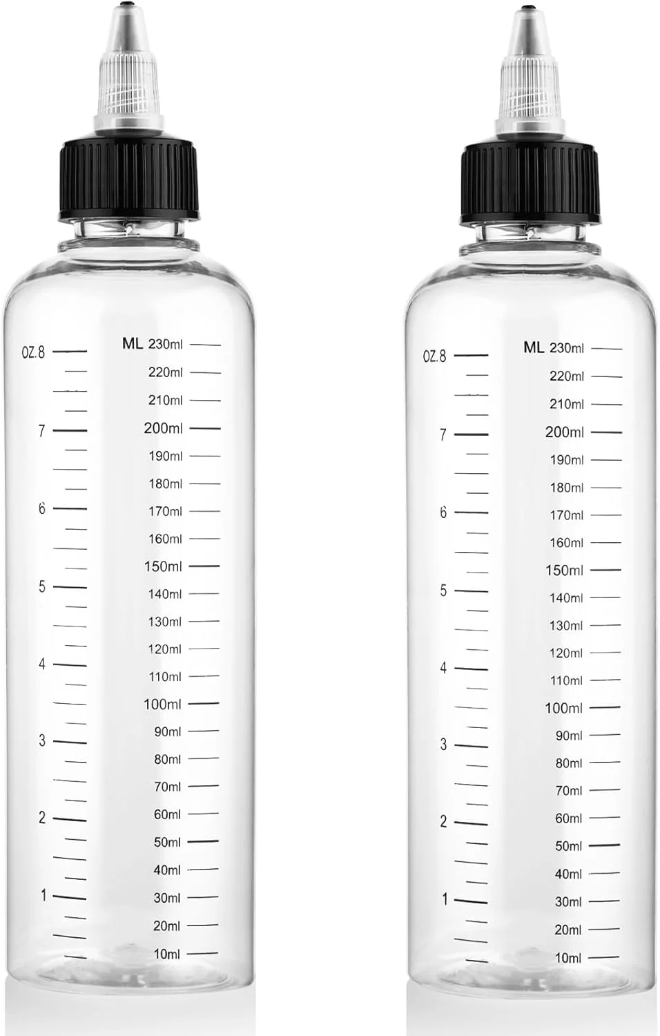 بسته 2 عددی بطری اپلیکاتور مو 250 میلی لیتری، بطری نرم و خالی پخش کننده روغن، اپلیکاتور رنگ مو، پلاستیک PET قابل شارژ مجدد برای سالن با مقیاس مدرج و سر پیچی