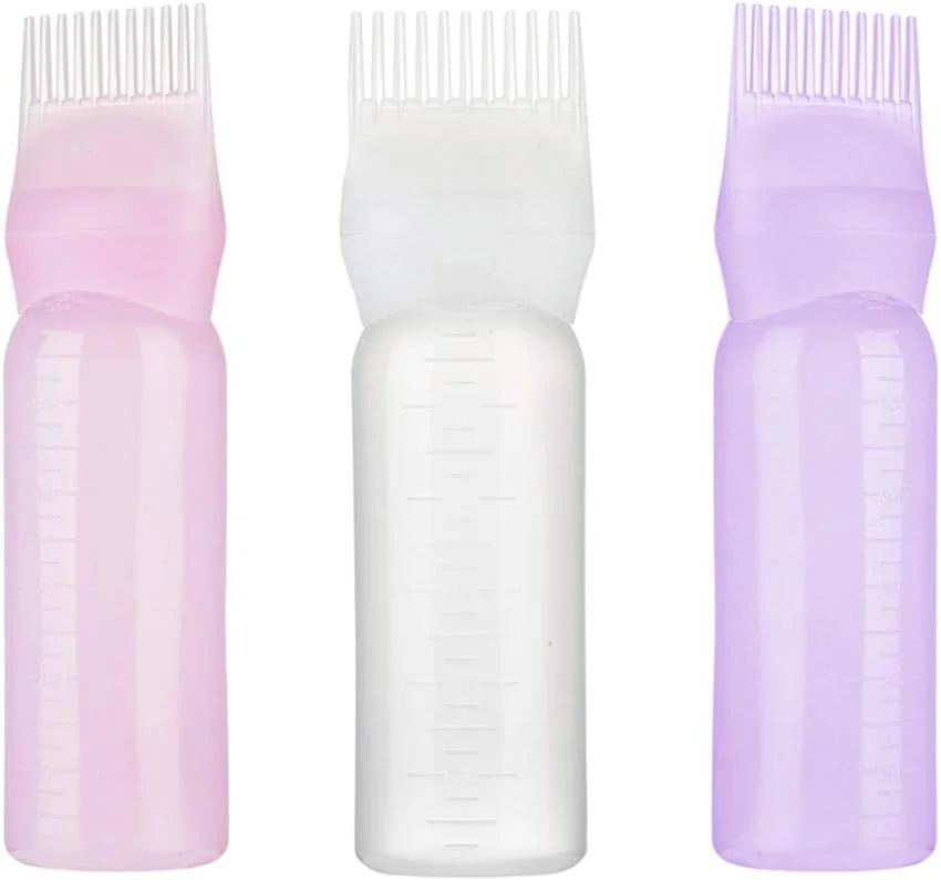 Minkissy ست 3 عددی بطری رنگ مو با شانه ریشه، پخش کننده با مقیاس مدرج، ابزار ضروری رنگ آمیزی مو، رنگ و درمان پوست سر (سفید بنفش صورتی)