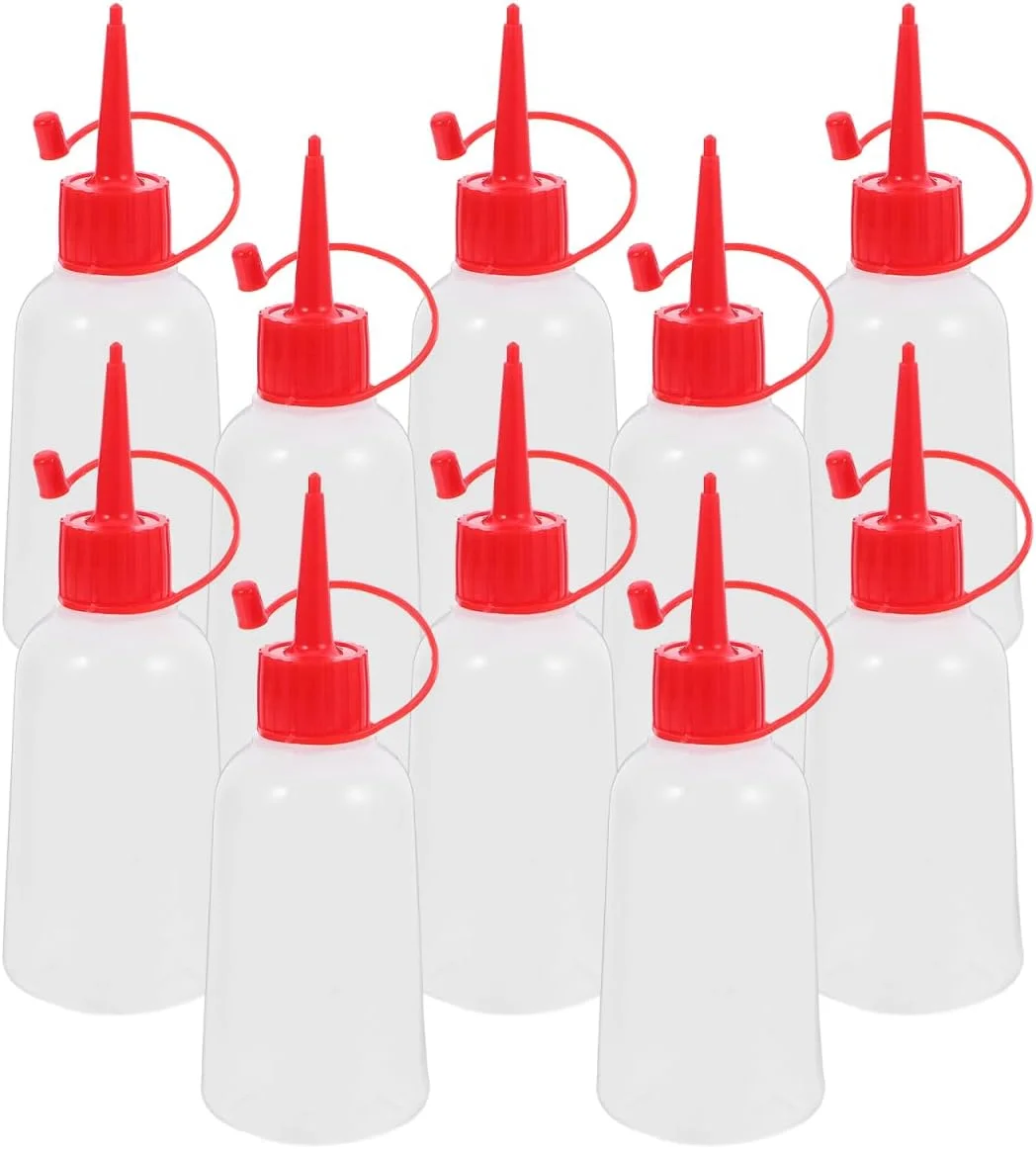 بسته 10 عددی بطری چسب شفاف OSALADI، بطری اپلیکاتور با نوک باریک برای استفاده از چسب، بطری اسپری رنگ، بطری چسب نوک سوزنی LDPE قرمز