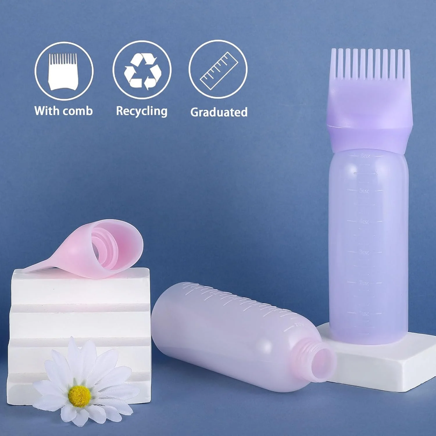 بطری اپلیکاتور شانه ریشه Pimoys، 6 اونس، اپلیکاتور روغن برای رنگ مو، برس بطری روغن مو با مقیاس مدرج، بنفش