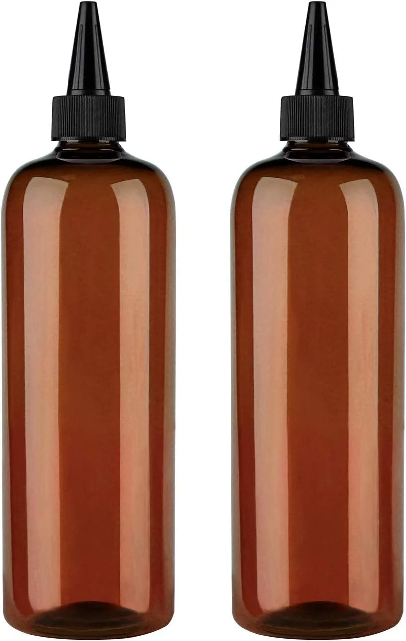 بطری رنگ مو فشاری کهربایی 16 اونسی، بطری پلاستیکی PET قابل شارژ مجدد با درب پیچی (2 عددی) قهوه ای