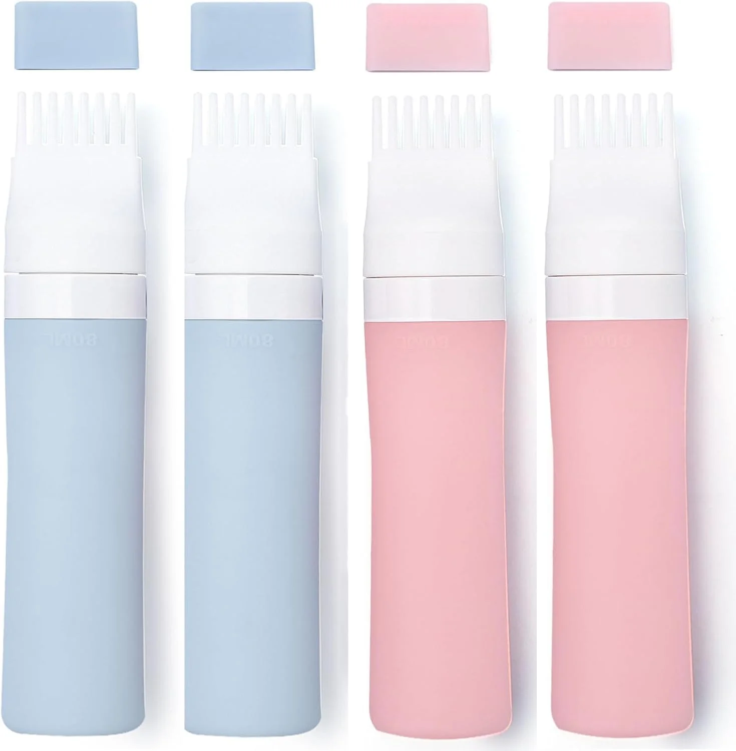 ست 4 عددی بطری سیلیکونی روغن مو با برس، بطری اپلیکاتور شانه ریشه 80 میلی لیتری با درب برای رنگ مو، بطری و برس اپلیکاتور روغن پوست سر برای رشد مو، ابزار رنگ آمیزی مو