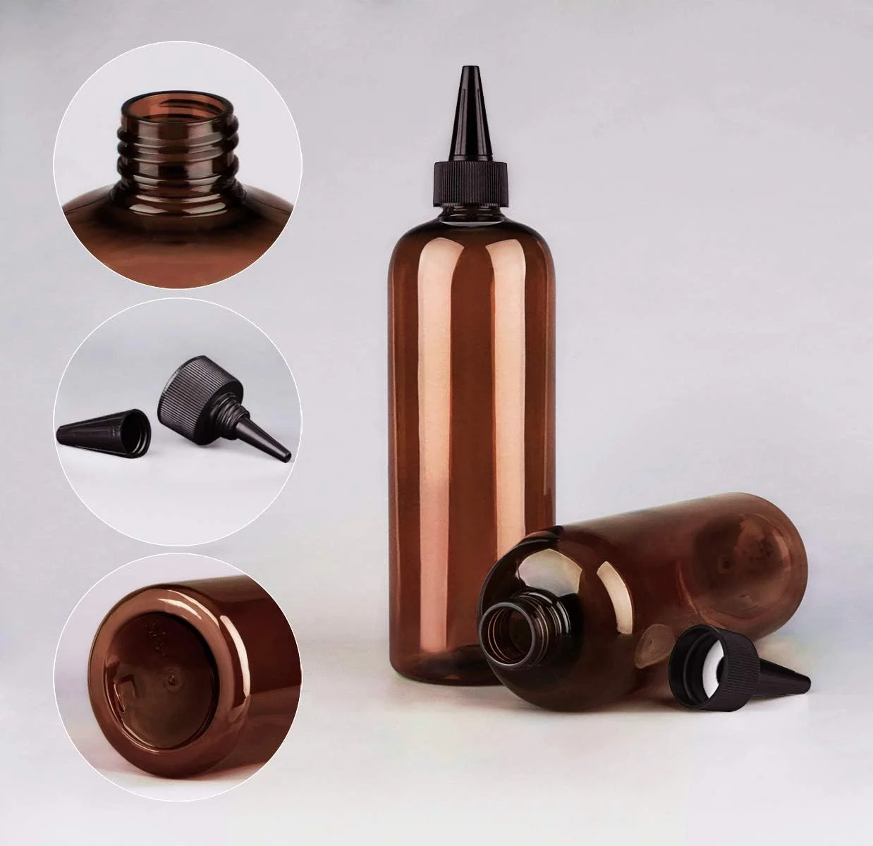 بطری رنگ مو فشاری کهربایی 16 اونسی، بطری پلاستیکی PET قابل شارژ مجدد با درب پیچی (2 عددی) قهوه ای