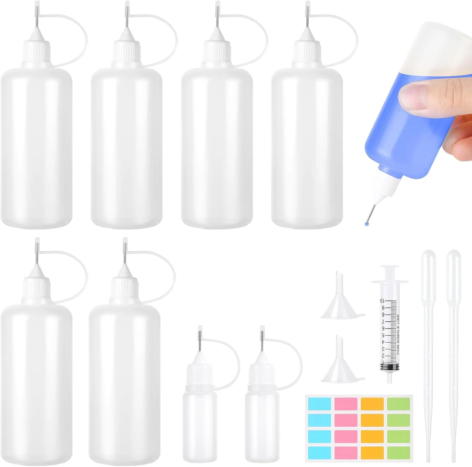 مجموعه 8 عددی بطری سوزنی Amentalove: 6 عدد 100 میلی لیتری، 2 عدد 10 میلی لیتری، اپلیکاتور، دوزینگ، سرنگ، پیپت، فشاری، چسب، نوک سوزنی؛ مناسب برای DIY، طراحی ناخن، صنایع دستی، زیبایی؛ پلاستیکی، قابل استفاده مجدد؛ ست بطری