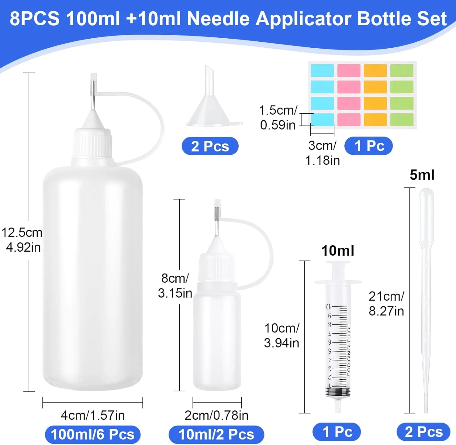 مجموعه 8 عددی بطری سوزنی Amentalove: 6 عدد 100 میلی لیتری، 2 عدد 10 میلی لیتری، اپلیکاتور، دوزینگ، سرنگ، پیپت، فشاری، چسب، نوک سوزنی؛ مناسب برای DIY، طراحی ناخن، صنایع دستی، زیبایی؛ پلاستیکی، قابل استفاده مجدد؛ ست بطری