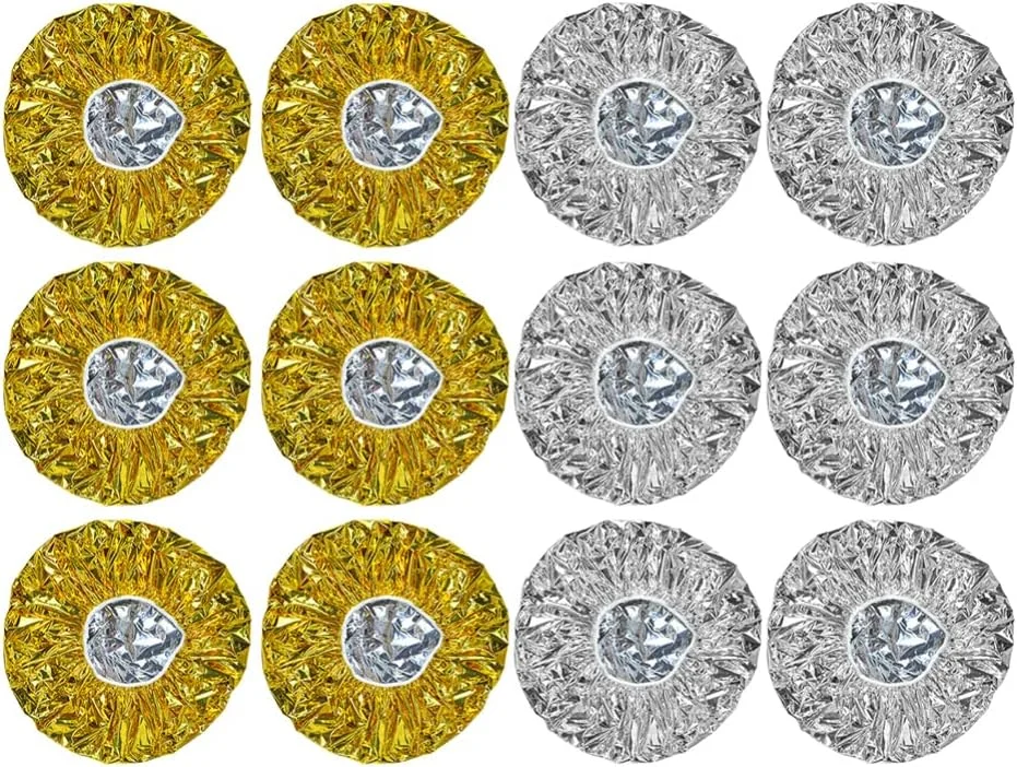 ۱۲ عدد کلاه فویل آلومینیومی برای نرم کننده عمیق مو، کلاه پردازش مو قابل استفاده مجدد، کلاه رنگ مو، کلاه دوش برای استفاده در منزل و سالن، طلایی و نقره ای