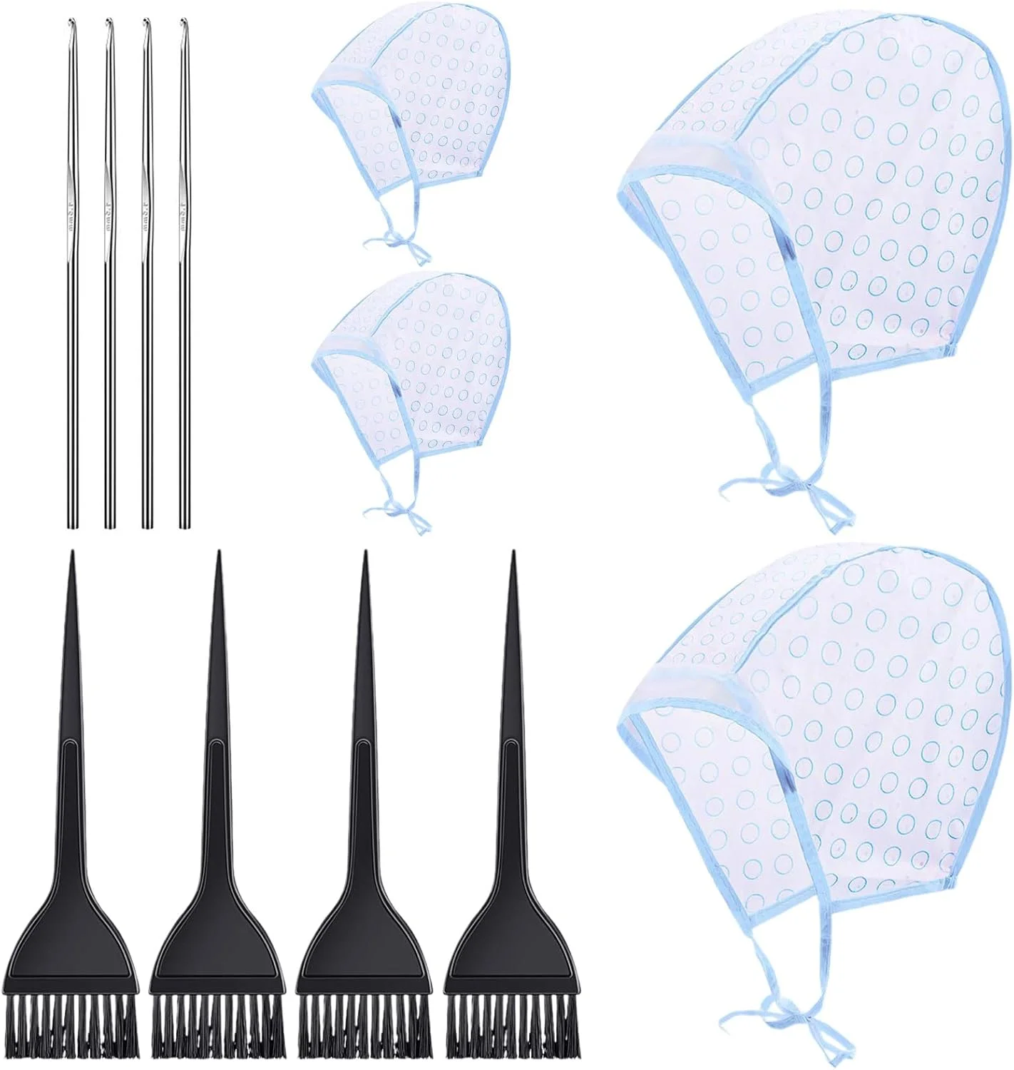 کلاه رنگ و هایلایت مو، 4 عدد کلاه یکبار مصرف مش مو به همراه 4 عدد قلاب و برس رنگ مو برای رنگ کردن مو در سالن و منزل