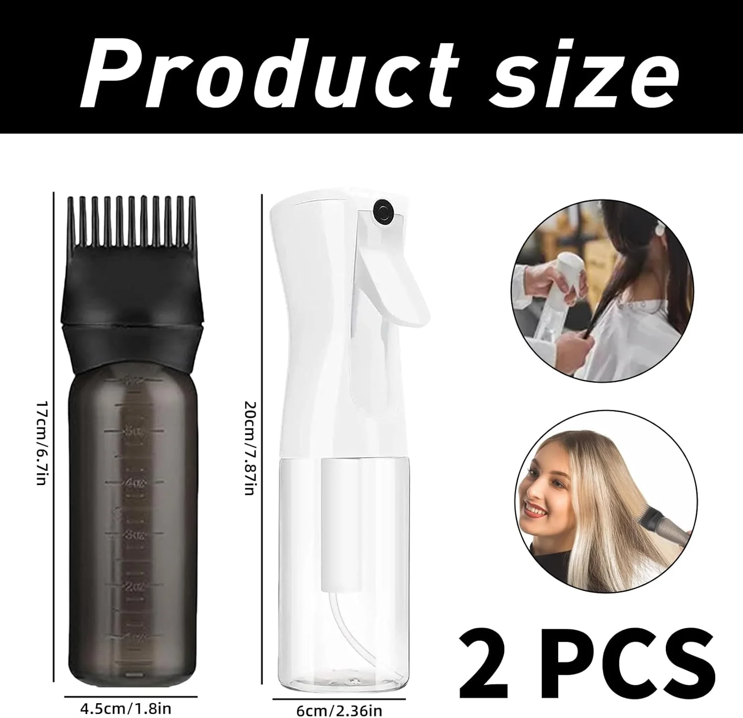 بسته 2 عددی بطری اسپری مو، بطری اپلیکاتور روغن مو، بطری اسپری مداوم مو، بطری اسپری آب مو، اپلیکاتور روغن مو با مقیاس مدرج، اپلیکاتور مو برای رنگ کردن