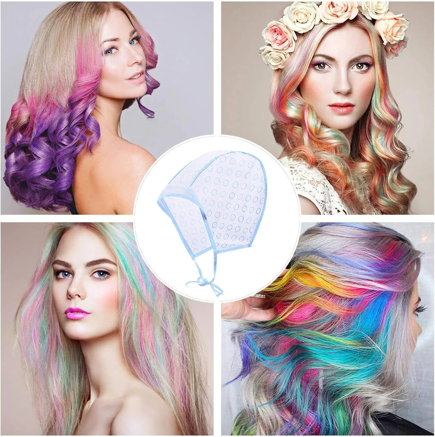 کلاه رنگ و هایلایت مو، 4 عدد کلاه یکبار مصرف مش مو به همراه 4 عدد قلاب و برس رنگ مو برای رنگ کردن مو در سالن و منزل