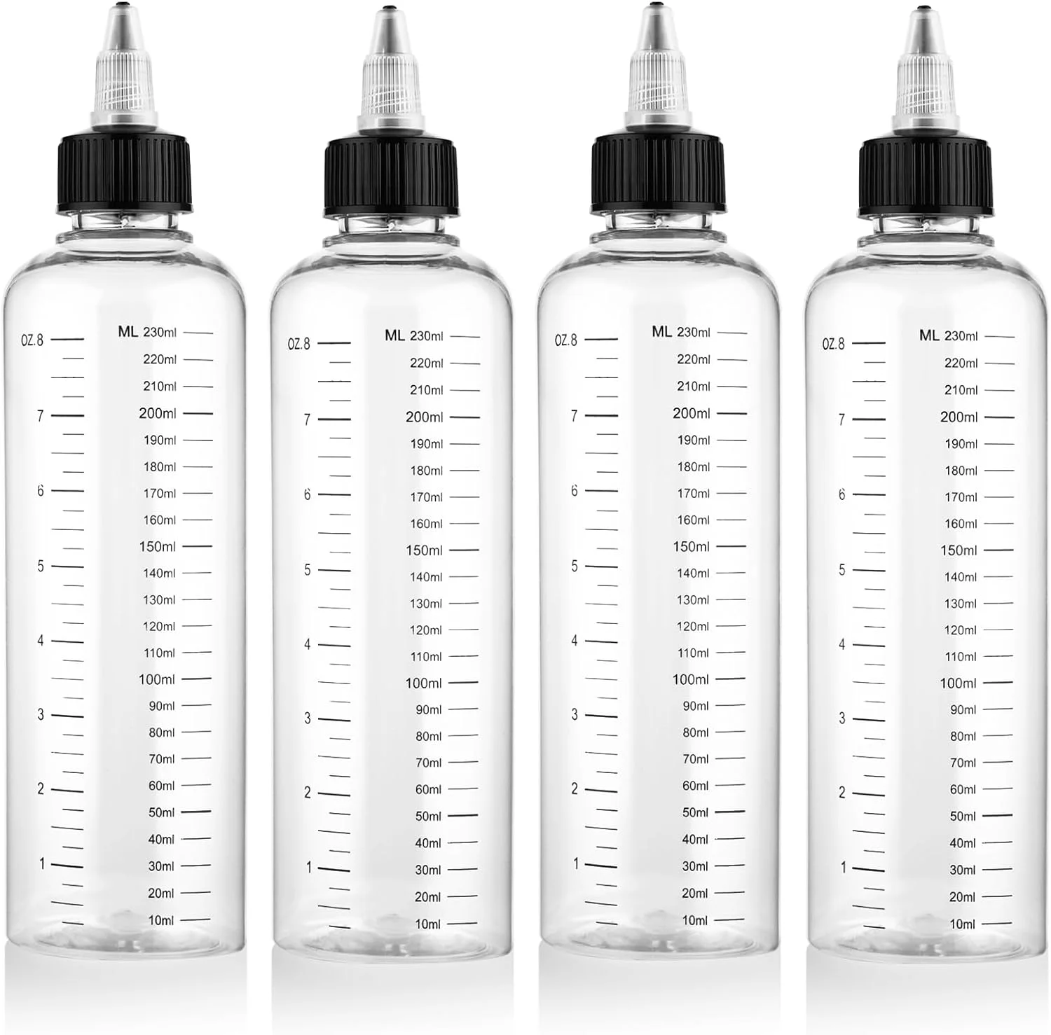 بسته چهارتایی بطری اپلیکاتور COMNICO برای مو، بطری های پلاستیکی PET قابل شارژ مجدد 250 میلی لیتری برای رنگ مو، پخش کننده روغن مو با نوک پیچشی و مقیاس مدرج برای آرایشگاه