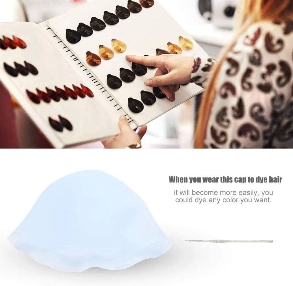 کلاه رنگ مو، کلاه مش سیلیکونی، کلاه رنگ موی قابل استفاده مجدد، ابزار آرایش مو با قلاب (آبی)