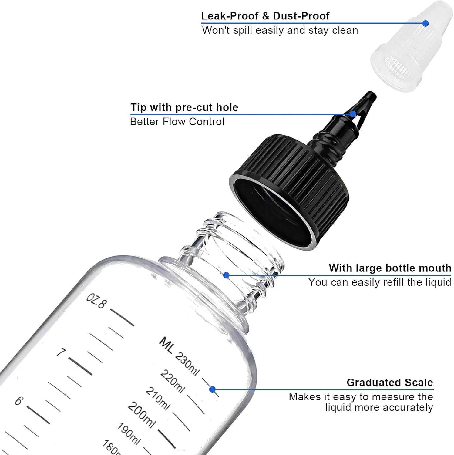 بسته چهارتایی بطری اپلیکاتور COMNICO برای مو، بطری های پلاستیکی PET قابل شارژ مجدد 250 میلی لیتری برای رنگ مو، پخش کننده روغن مو با نوک پیچشی و مقیاس مدرج برای آرایشگاه
