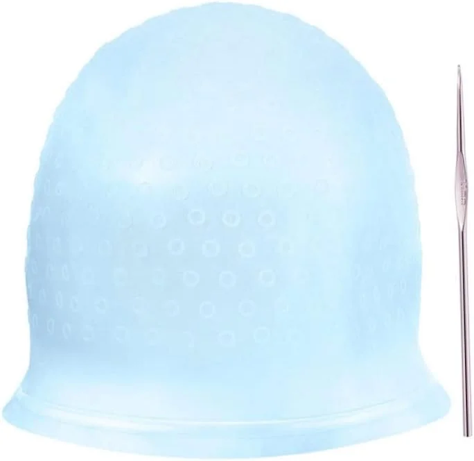 کلاه رنگ مو سیلیکونی قابل استفاده مجدد با قلاب فلزی، ابزار آرایشگاهی و کیت آرایشگری (آبی)