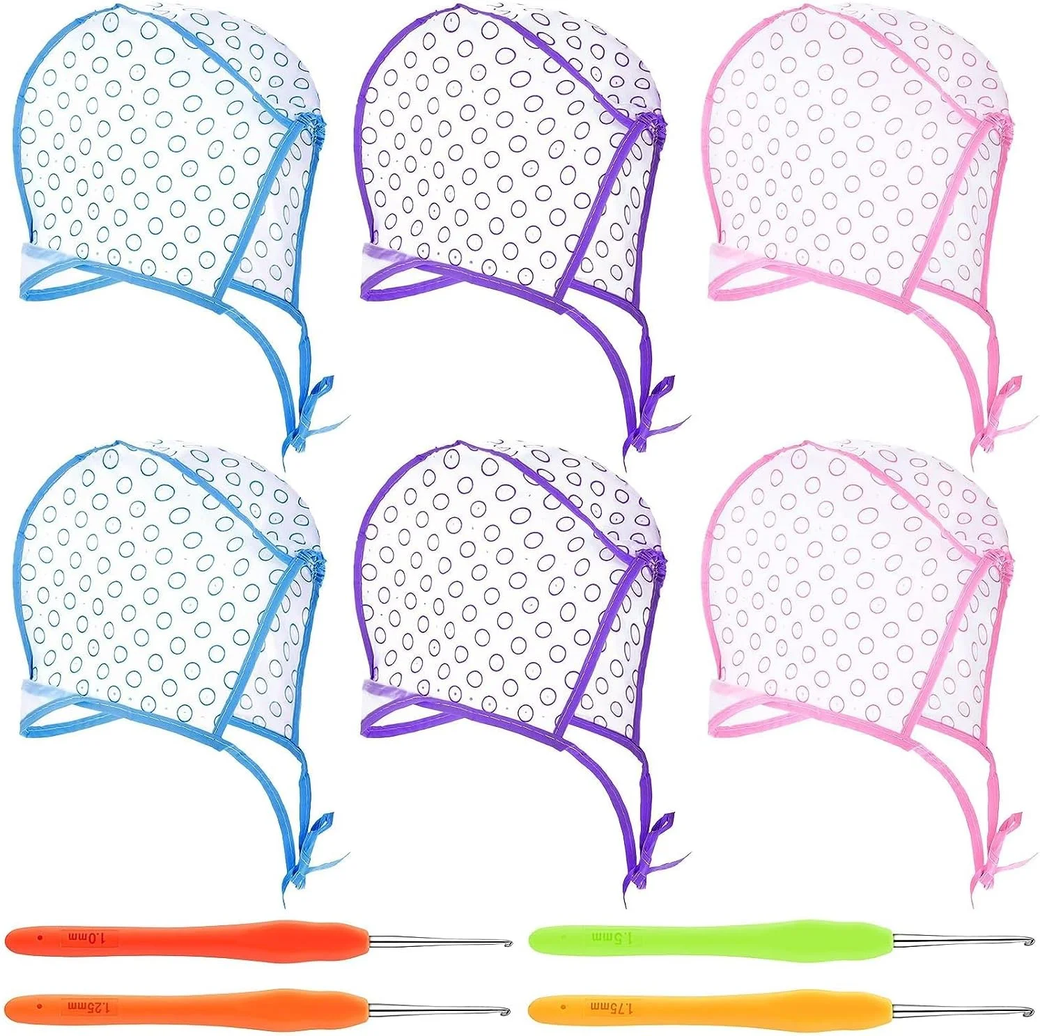 کلاه رنگ مو آزونه، ست 6 عددی کلاه مش مو، کلاه رنگ سالنی، کلاه نوک تیز رنگ مو، کلاه فراستینگ با 4 عدد سوزن مو، قلاب بافی برای رنگ کردن مو، ابزار آرایشگری