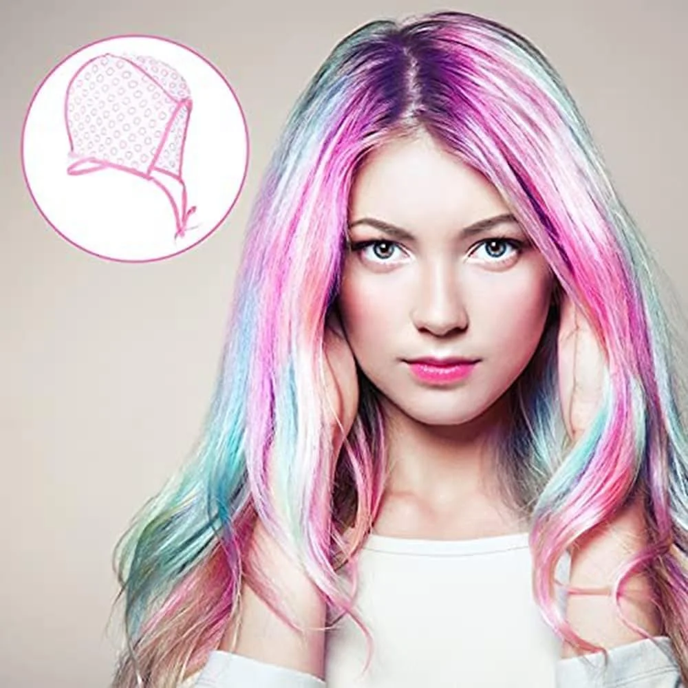 کلاه رنگ مو آزونه، ست 6 عددی کلاه مش مو، کلاه رنگ سالنی، کلاه نوک تیز رنگ مو، کلاه فراستینگ با 4 عدد سوزن مو، قلاب بافی برای رنگ کردن مو، ابزار آرایشگری