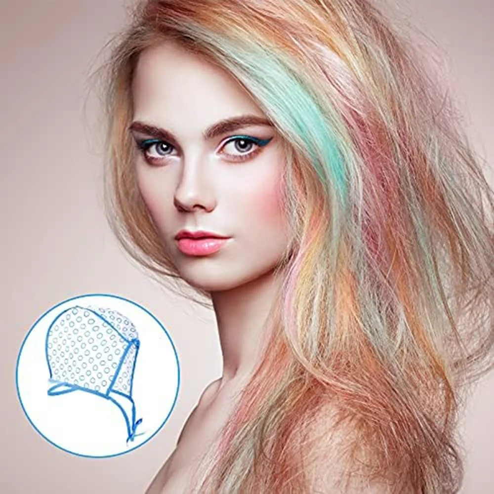 کلاه رنگ مو آزونه، ست 6 عددی کلاه مش مو، کلاه رنگ سالنی، کلاه نوک تیز رنگ مو، کلاه فراستینگ با 4 عدد سوزن مو، قلاب بافی برای رنگ کردن مو، ابزار آرایشگری