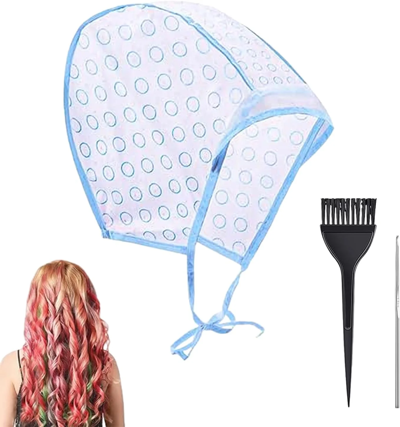 کلاه رنگ مو و هایلایت، کیت هایلایت مو با برس رنگ و قلاب برای رنگ کردن مو، کیت ابزار آرایشگری سالن رنگ مو (آبی)