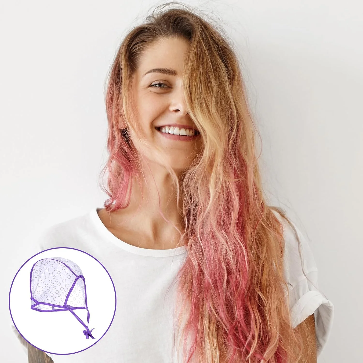 ست کلاه مش مو 3 عددی با 3 قلاب پلاستیکی، کلاه هایلایت مو، کیت هایلایت برای رنگ کردن مو، دکلره و لوازم آرایشگری سالن و DIY (صورتی، بنفش، آبی)