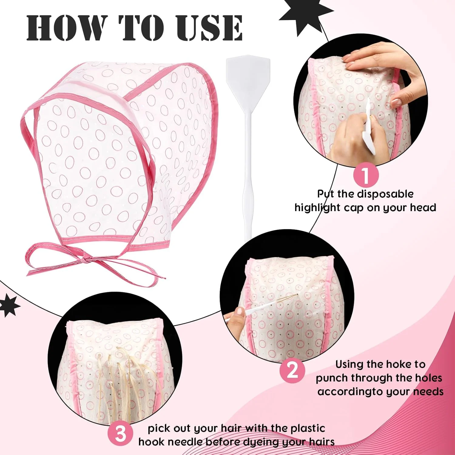 کلاه مش مو با قلاب پلاستیکی برای رنگ کردن مو در خانه یا سالن (صورتی)