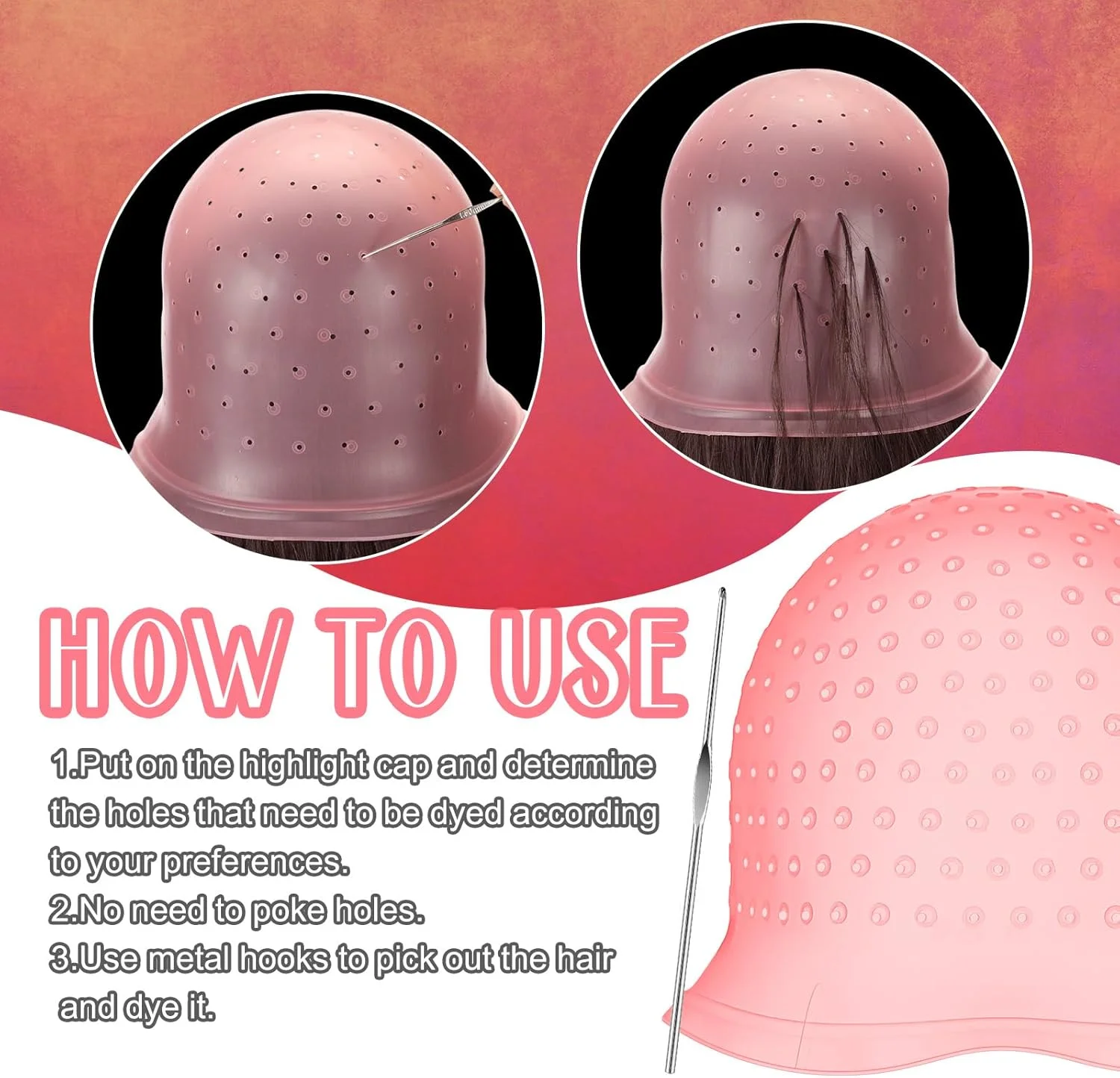 ست 2 عددی کلاه رنگ مو و هایلایت Jexine، کلاه هایلایت سیلیکونی قابل استفاده مجدد با سوراخ و قلاب برای رنگ کردن مو، دکلره، آرایشگری و هایلایت، کیت ابزار سالن (صورتی)