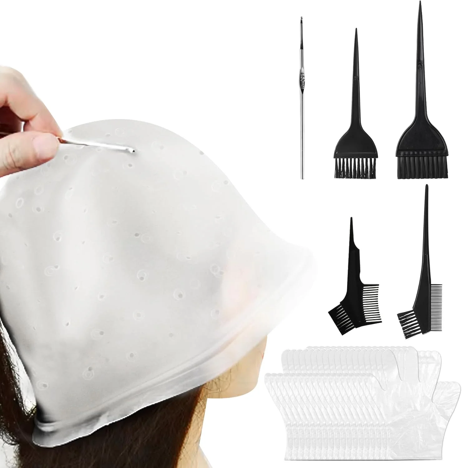 1 عدد کلاه مش مو سیلیکونی سوراخ دار به همراه 5 برس رنگ مو و 1 سوزن 1 عدد کلاه مش مو سیلیکونی سوراخ دار به همراه 5 برس رنگ مو و 1 سوزن