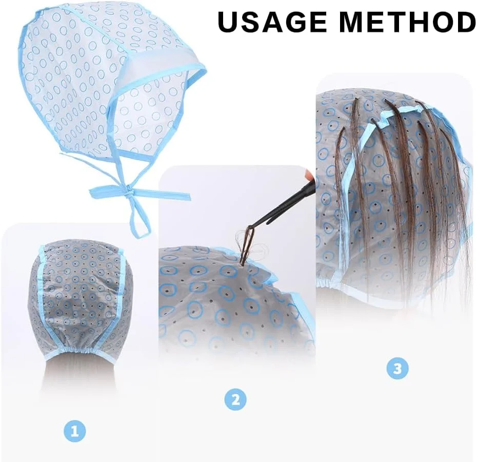 بسته 6 عددی کلاه رنگ مو، کلاه مش، کلاه نوک مصنوعی با قلاب بافتنی پلاستیکی، مناسب برای رنگ کردن مو در خانه و آرایشگاه