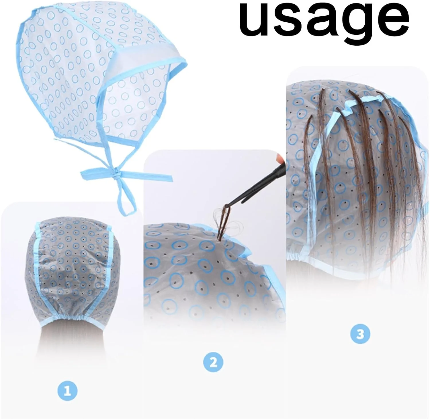 کلاه رنگ مو سالنی، 6 عدد کلاه مش مو با 6 عدد سوزن مو قلاب بافی، کلاه یکبار مصرف برای رنگ کردن مو، مناسب برای استفاده در سالن و منزل، لوازم رنگ مو