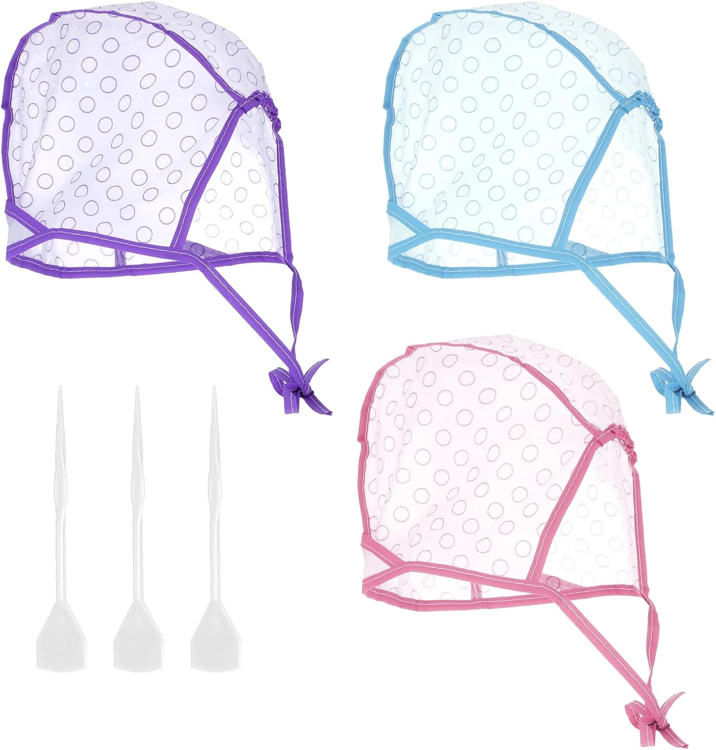 ست ۳ عددی کلاه مش مو به همراه ۳ قلاب پلاستیکی، مناسب رنگ کردن، دکلره و مش کردن مو در خانه و سالن (صورتی، آبی، بنفش) ست ۳ عددی کلاه مش مو به همراه ۳ قلاب پلاستیکی، مناسب رنگ کردن، دکلره و مش کردن مو در خانه و سالن (صورتی، آبی، بنفش)
