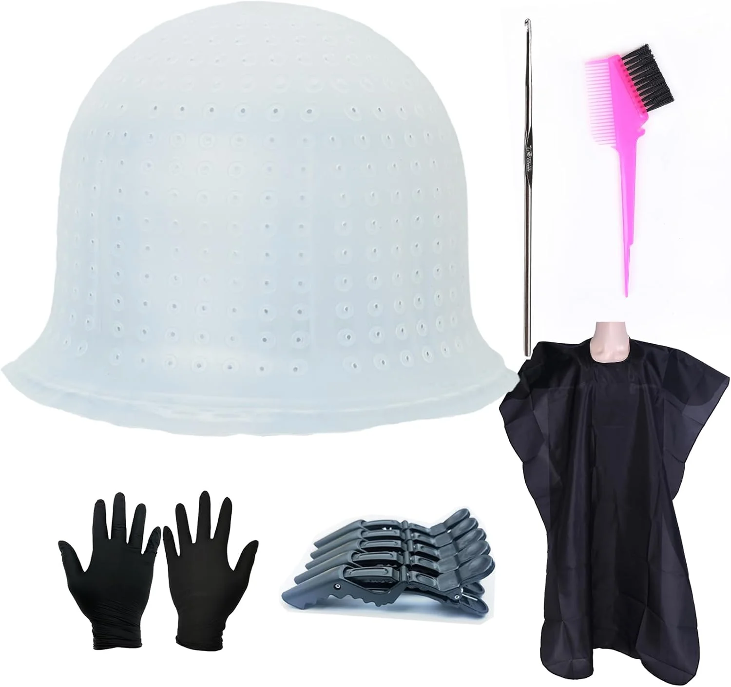 کلاه مش سیلیکونی سوراخ دار به همراه قلاب و ابزار رنگ مو کلاه مش سیلیکونی سوراخ دار به همراه قلاب و ابزار رنگ مو