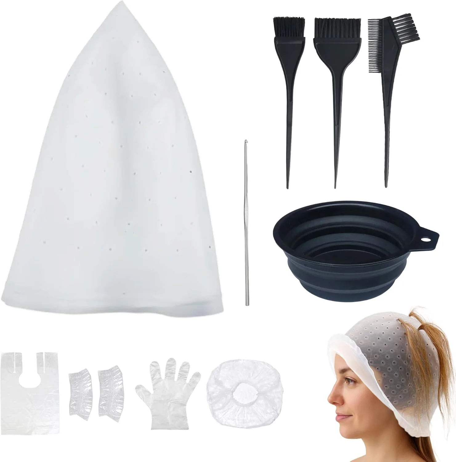 ۱۰ عدد کلاه مش مو، کلاه مش مو سیلیکونی حرفه ای قابل استفاده مجدد با برس رنگ مو و سوزن، برای رنگ کردن مو در آرایشگاه (کلاه با سوراخ های پانچ شده) ۱۰ عدد کلاه مش مو، کلاه مش مو سیلیکونی حرفه ای قابل استفاده مجدد با برس رنگ مو و سوزن، برای رنگ کردن مو در آرایشگاه (کلاه با سوراخ های پانچ شده)