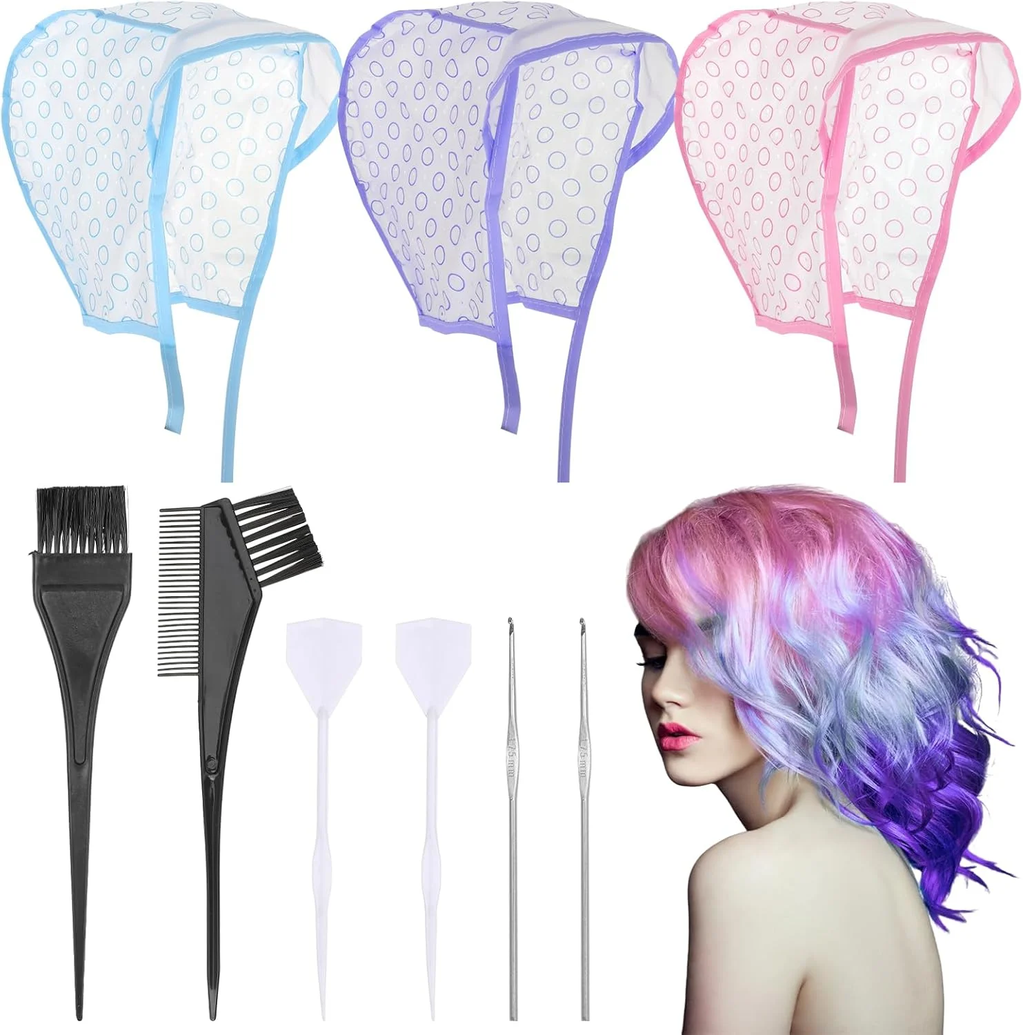 ست ۳ عددی کلاه مش مو LIQWEI، کیت رنگ مو با قلاب بافتنی برای رنگ کردن مو در خانه و سالن ست ۳ عددی کلاه مش مو LIQWEI، کیت رنگ مو با قلاب بافتنی برای رنگ کردن مو در خانه و سالن