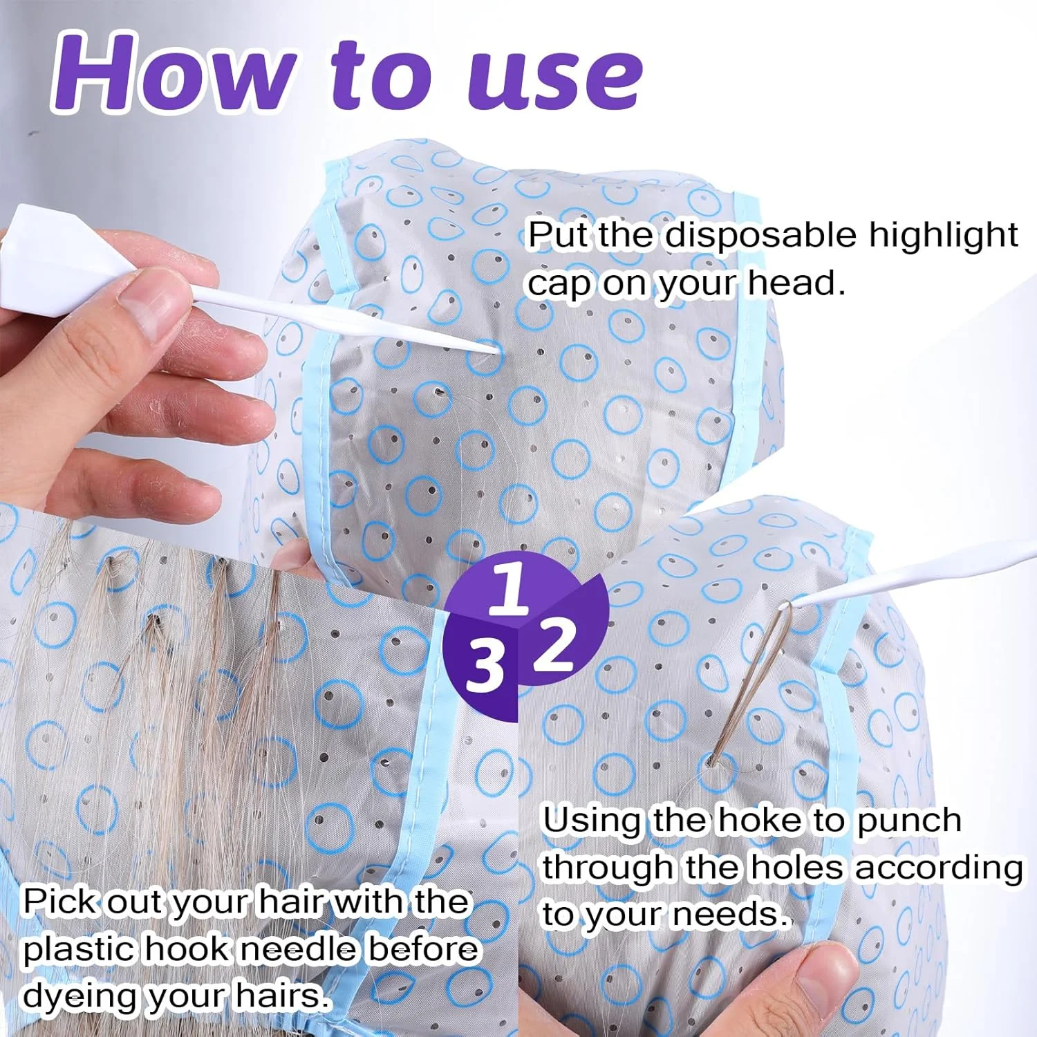 ست 3 عددی کلاه مش مو به همراه 3 قلاب پلاستیکی برای رنگ کردن، دکلره و مش کردن مو در خانه و سالن (صورتی، آبی، بنفش) ست 3 عددی کلاه مش مو به همراه 3 قلاب پلاستیکی برای رنگ کردن، دکلره و مش کردن مو در خانه و سالن (صورتی، آبی، بنفش)