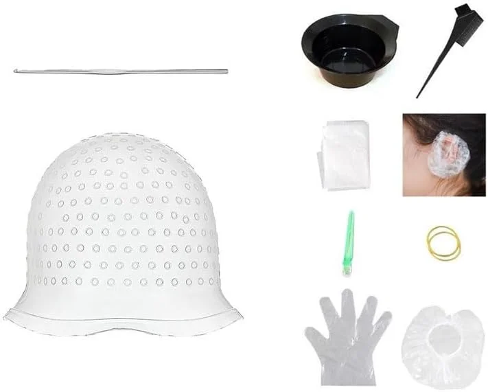 کلاه هایلایت سیلیکونی سوراخ دار به همراه برس رنگ مو، کلاه هایلایت حرفه ای و قابل استفاده مجدد، به همراه قلاب، ابزار رنگ و دکلره مو کلاه هایلایت سیلیکونی سوراخ دار به همراه برس رنگ مو، کلاه هایلایت حرفه ای و قابل استفاده مجدد، به همراه قلاب، ابزار رنگ و دکلره مو