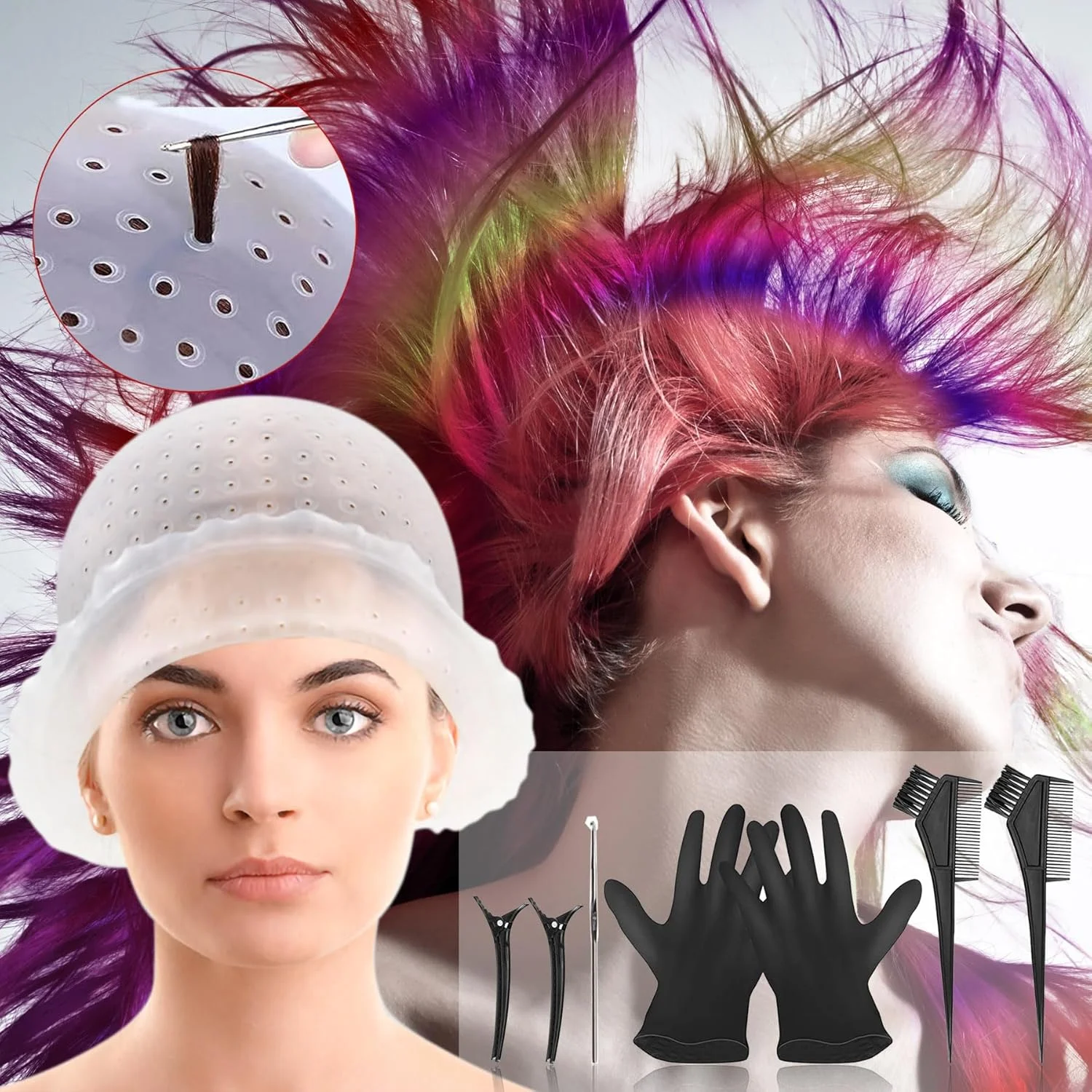 ست کلاه هایلایت سیلیکونی پانچ شده GELMAY با سوراخ و قلاب، ابزار رنگ آمیزی مو برای آرایشگاه، مناسب رنگ کردن موی خانم ها و آقایان، 8 عدد ست کلاه هایلایت سیلیکونی پانچ شده GELMAY با سوراخ و قلاب، ابزار رنگ آمیزی مو برای آرایشگاه، مناسب رنگ کردن موی خانم ها و آقایان، 8 عدد