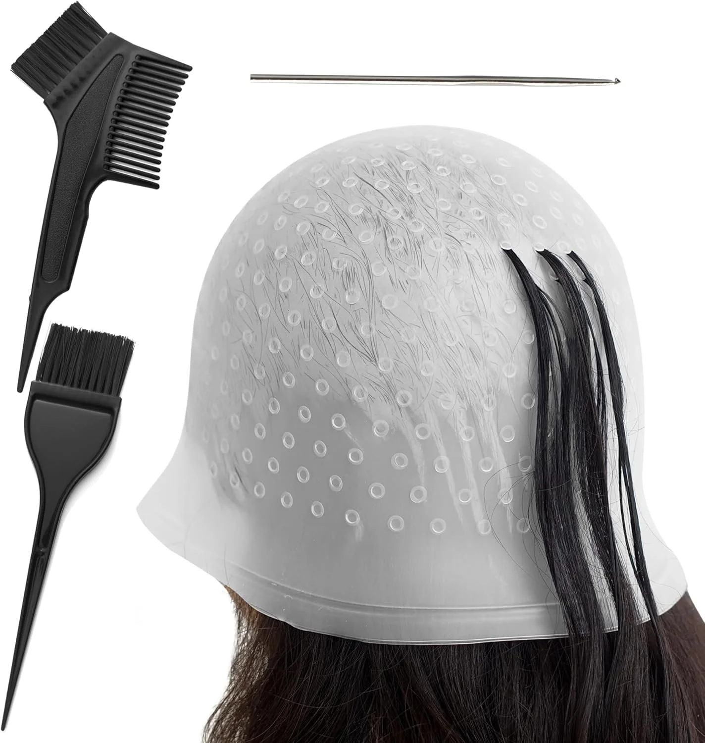 کلاه مش مو سیلیکونی و کیت مش مو قابل استفاده مجدد با 2 برس رنگ مو برای رنگ آمیزی مو در سالن آرایشگری کلاه مش مو سیلیکونی و کیت مش مو قابل استفاده مجدد با 2 برس رنگ مو برای رنگ آمیزی مو در سالن آرایشگری