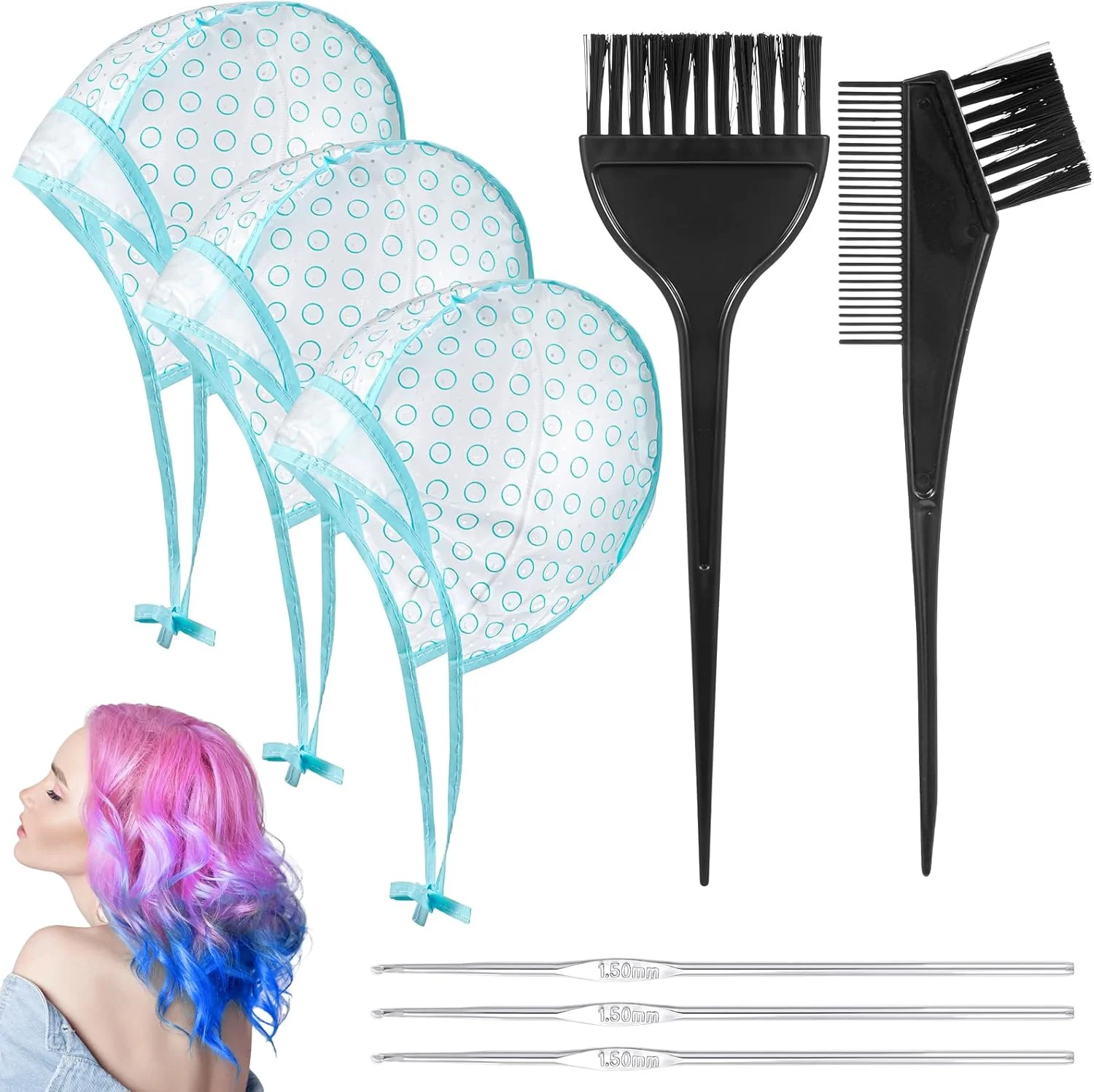 ست ۸ عددی کلاه مش مو، کیت کلاه مش، شانه های مش برای هایلایت کردن مو با ۳ قلاب فلزی و ۲ شانه و برس رنگ مو برای سالن و رنگ کردن مو در خانه