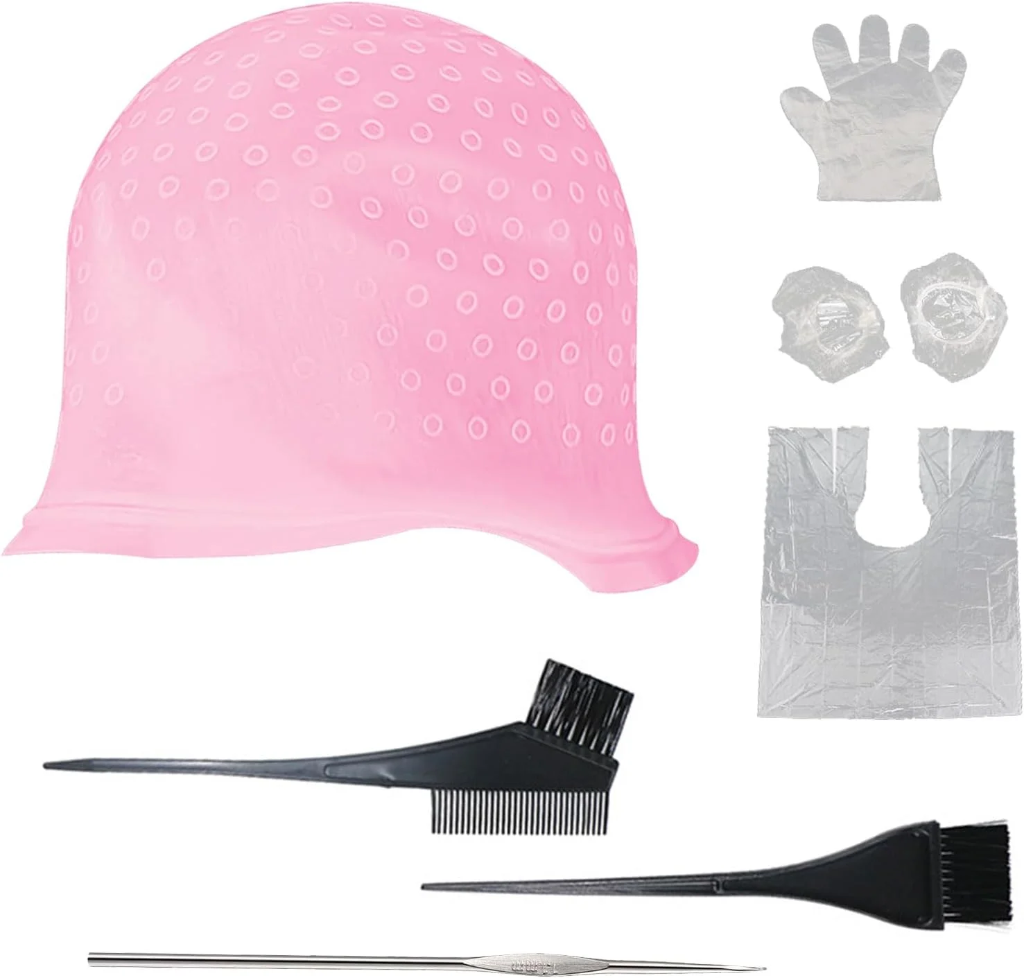 ست ۷ تکه کلاه مش سیلیکونی با سوراخ های پانچ شده به همراه سوزن، برس رنگ مو، شال رنگ مو، دستکش و گوشی (صورتی) ست ۷ تکه کلاه مش سیلیکونی با سوراخ های پانچ شده به همراه سوزن، برس رنگ مو، شال رنگ مو، دستکش و گوشی (صورتی)