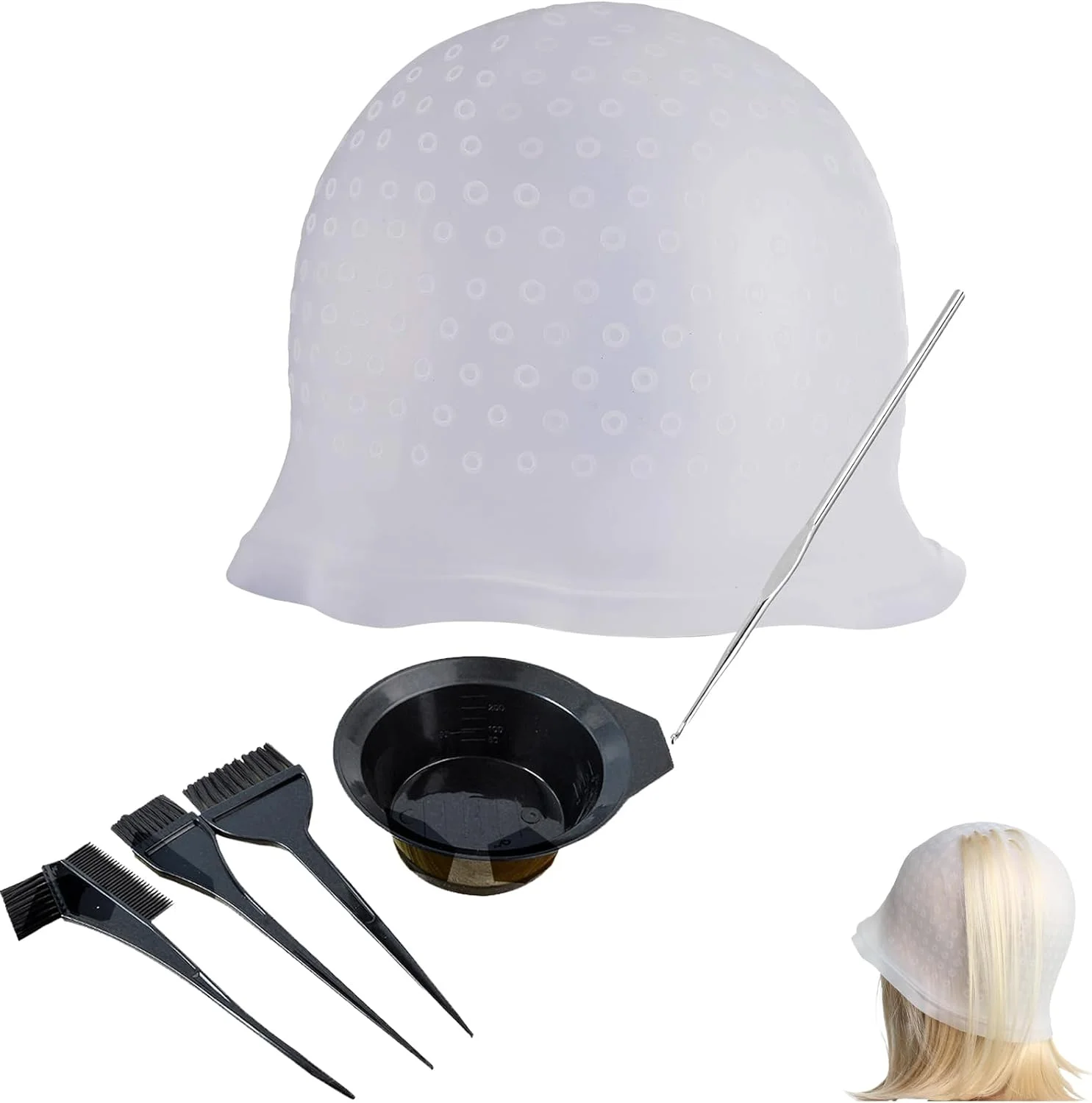 ست 6 عددی کلاه مش سیلیکونی با قلاب رنگ مو و برس رنگ مو و سوزن ست 6 عددی کلاه مش سیلیکونی با قلاب رنگ مو و برس رنگ مو و سوزن