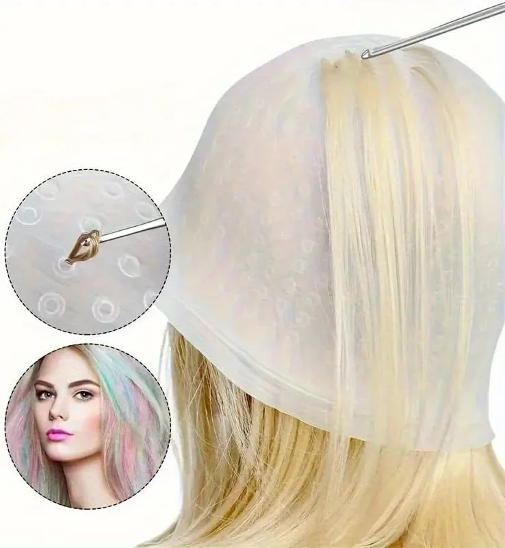 کلاه هایلایت سیلیکونی سوراخ دار به همراه برس رنگ مو، کلاه هایلایت حرفه ای و قابل استفاده مجدد، به همراه قلاب، ابزار رنگ و دکلره مو